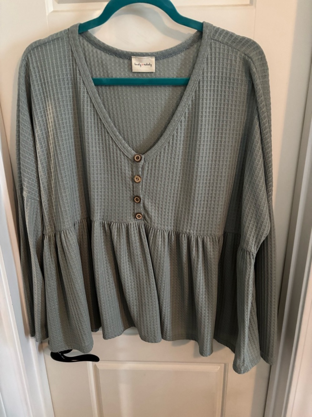 Lovely Melody Sage Waffle Knit Peplum Long Sleeve Top